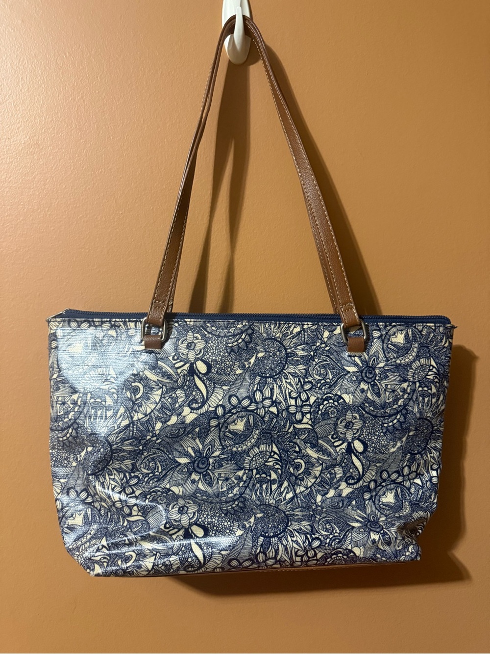 Sakroots Navy and Cream Floral Tote with Brown Straps